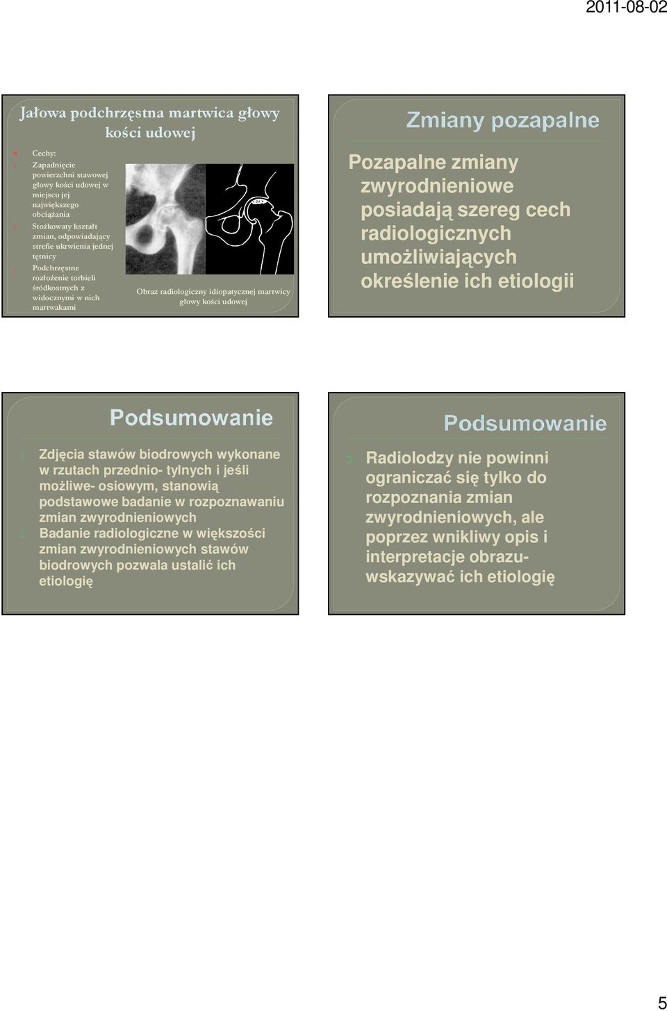 Podchrzęstne rozłożenie torbieli śródkostnych z widocznymi w nich martwakami Obraz radiologiczny idiopatycznej martwicy głowy kości Pozapalne zmiany zwyrodnieniowe posiadają szereg cech