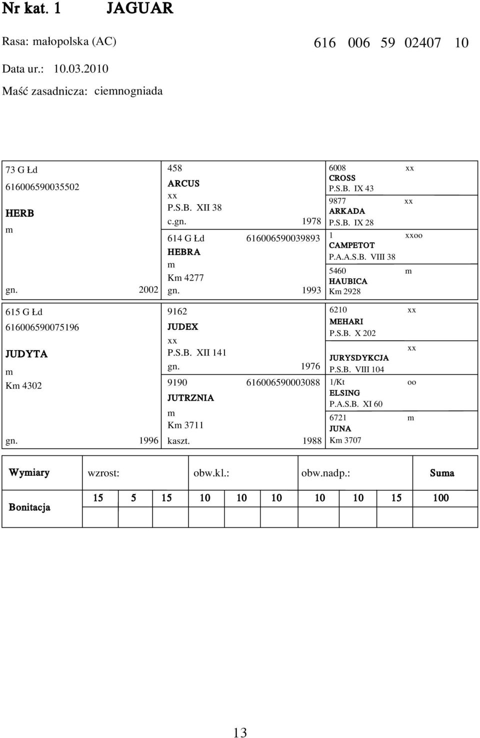 gn. 1978 614 G d 616006590039893 HEBRA K 4277 gn. 1993 9162 JUDEX xx P.S.B. XII 141 gn. 1976 9190 616006590003088 JUTRZNIA K 3711 kaszt. 1988 6008 xx CROSS P.S.B. IX 43 9877 xx ARKADA P.