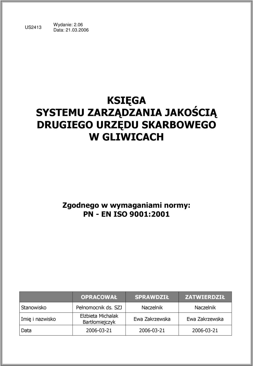 wymaganiami nrmy: PN - EN ISO 9001:2001 OPRACOWAŁ SPRAWDZIŁ ZATWIERDZIŁ Stanwisk