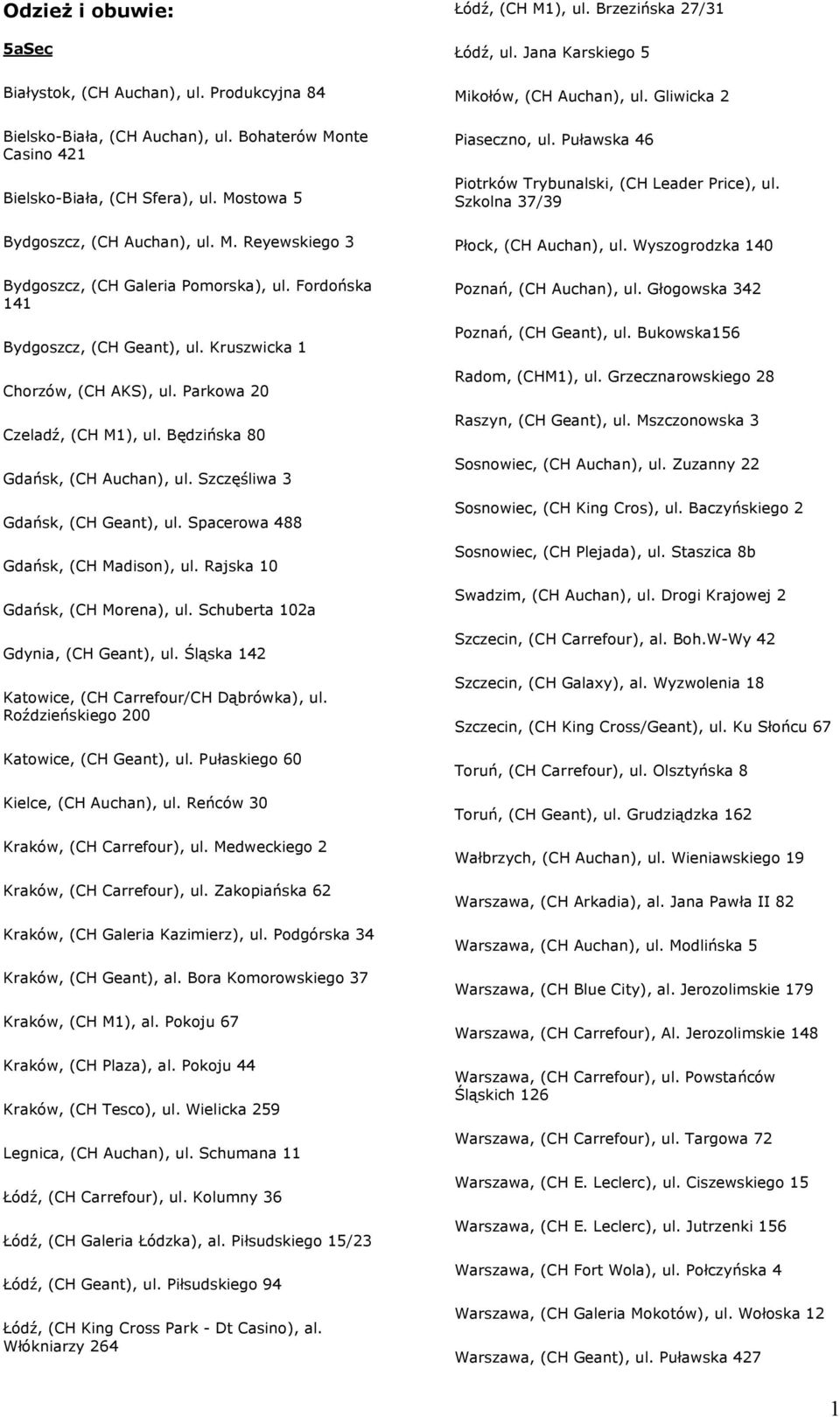 Fordońska 141 Bydgoszcz, (CH Geant), ul. Kruszwicka 1 Chorzów, (CH AKS), ul. Parkowa 20 Czeladź, (CH M1), ul. Będzińska 80 Gdańsk, (CH Auchan), ul. Szczęśliwa 3 Gdańsk, (CH Geant), ul.