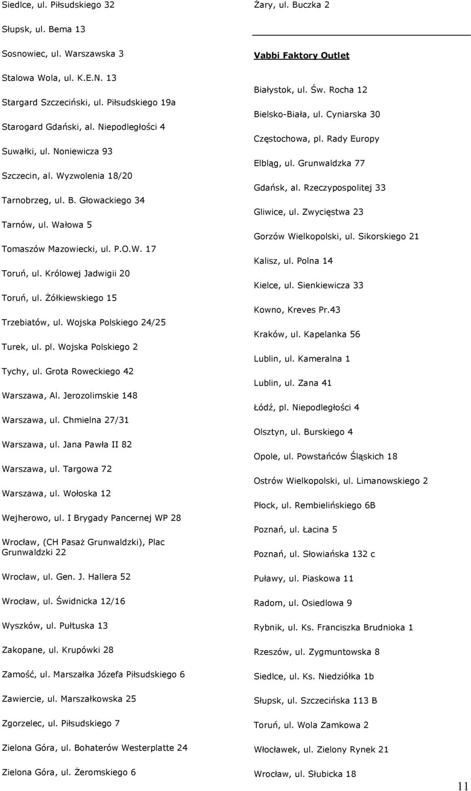 W. 17 Toruń, ul. Królowej Jadwigii 20 Toruń, ul. Żółkiewskiego 15 Trzebiatów, ul. Wojska Polskiego 24/25 Turek, ul. pl. Wojska Polskiego 2 Tychy, ul. Grota Roweckiego 42 Warszawa, Al.