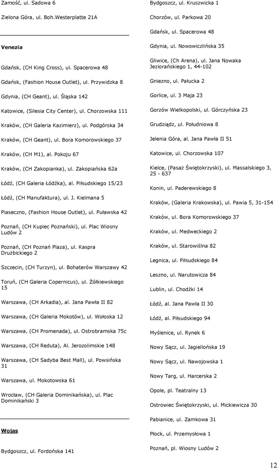 Chorzowska 111 Kraków, (CH Galeria Kazimierz), ul. Podgórska 34 Kraków, (CH Geant), ul. Bora Komorowskiego 37 Kraków, (CH M1), al. Pokoju 67 Kraków, (CH Zakopianka), ul.
