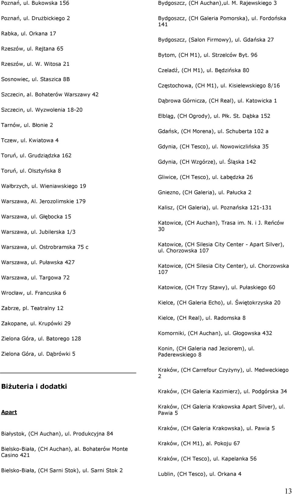 Głębocka 15 Warszawa, ul. Jubilerska 1/3 Warszawa, ul. Ostrobramska 75 c Warszawa, ul. Puławska 427 Warszawa, ul. Targowa 72 Wrocław, ul. Francuska 6 Zabrze, pl. Teatralny 12 Zakopane, ul.