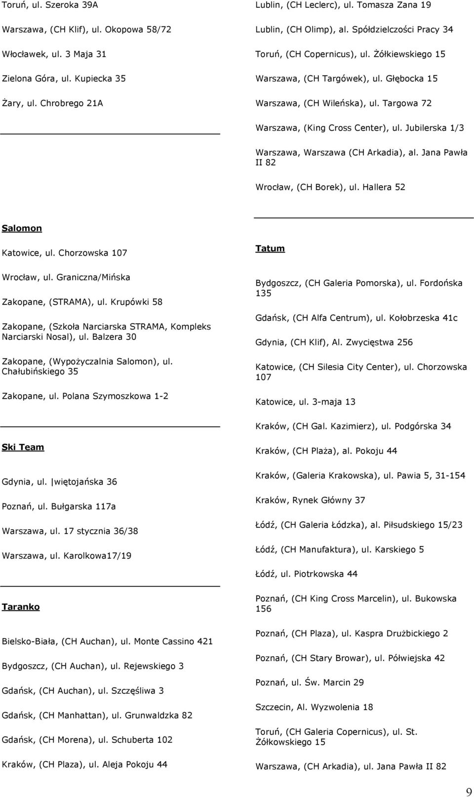 Targowa 72 Warszawa, (King Cross Center), ul. Jubilerska 1/3 Warszawa, Warszawa (CH Arkadia), al. Jana Pawła II 82 Wrocław, (CH Borek), ul. Hallera 52 Salomon Katowice, ul.
