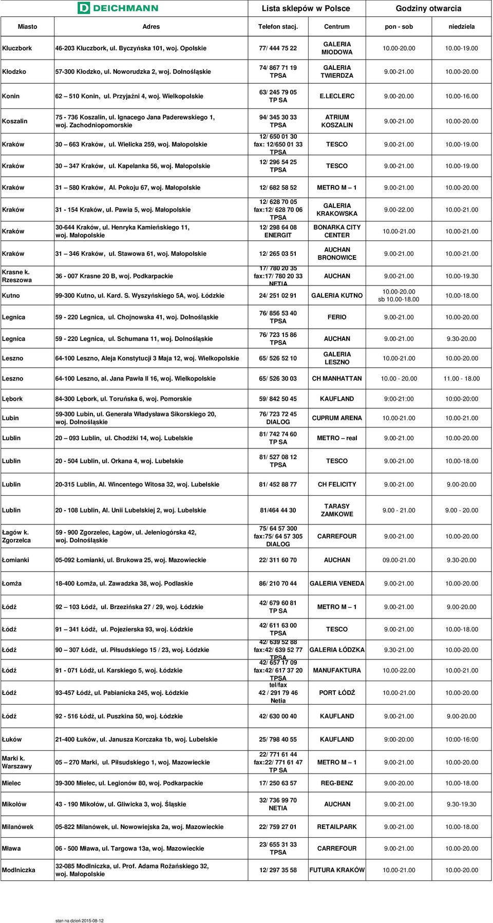 00 Koszalin 75-736 Koszalin, ul. Ignacego Jana Paderewskiego 1, 94/ 345 30 33 ATRIUM KOSZALIN 30 663, ul. Wielicka 259, woj. Małopolskie 30 347, ul. Kapelanka 56, woj.