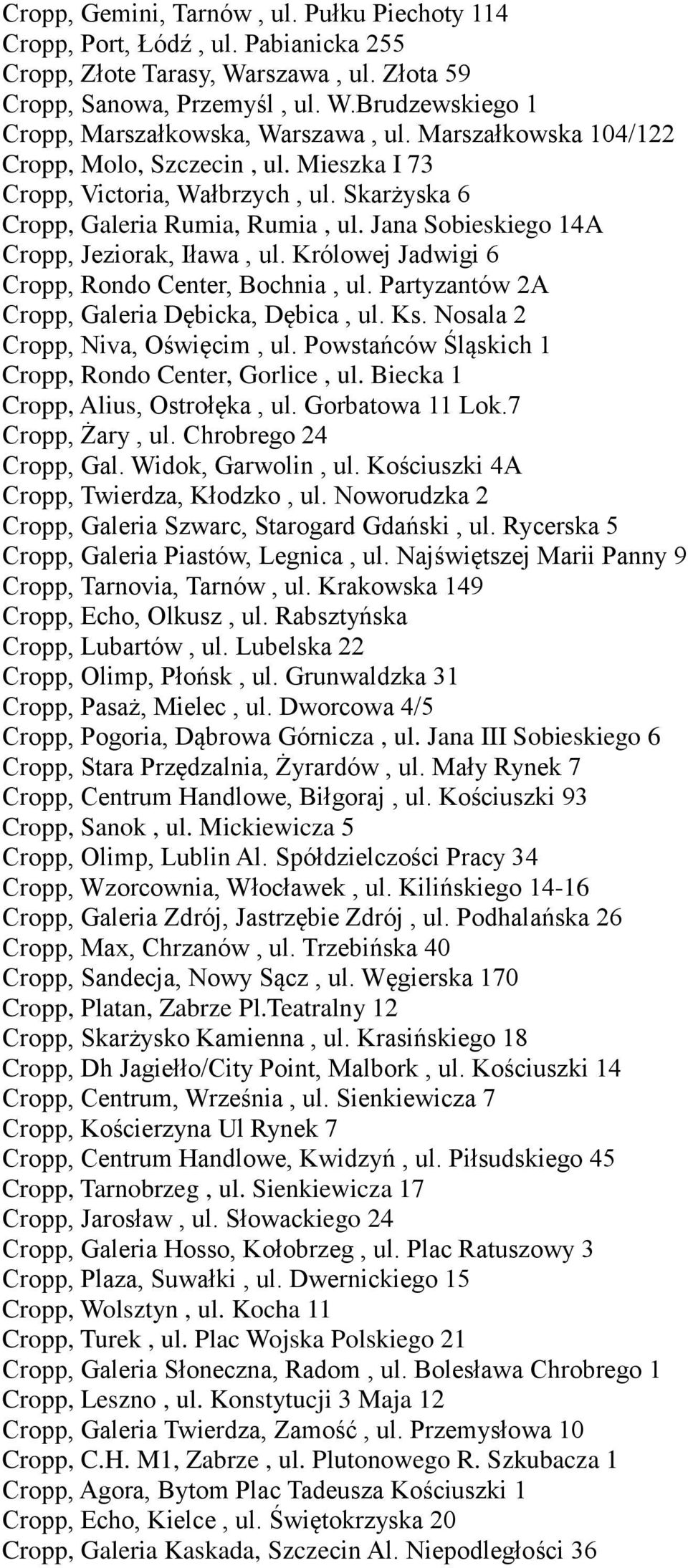 Królowej Jadwigi 6 Cropp, Rondo Center, Bochnia, ul. Partyzantów 2A Cropp, Galeria Dębicka, Dębica, ul. Ks. Nosala 2 Cropp, Niva, Oświęcim, ul. Powstańców Śląskich 1 Cropp, Rondo Center, Gorlice, ul.