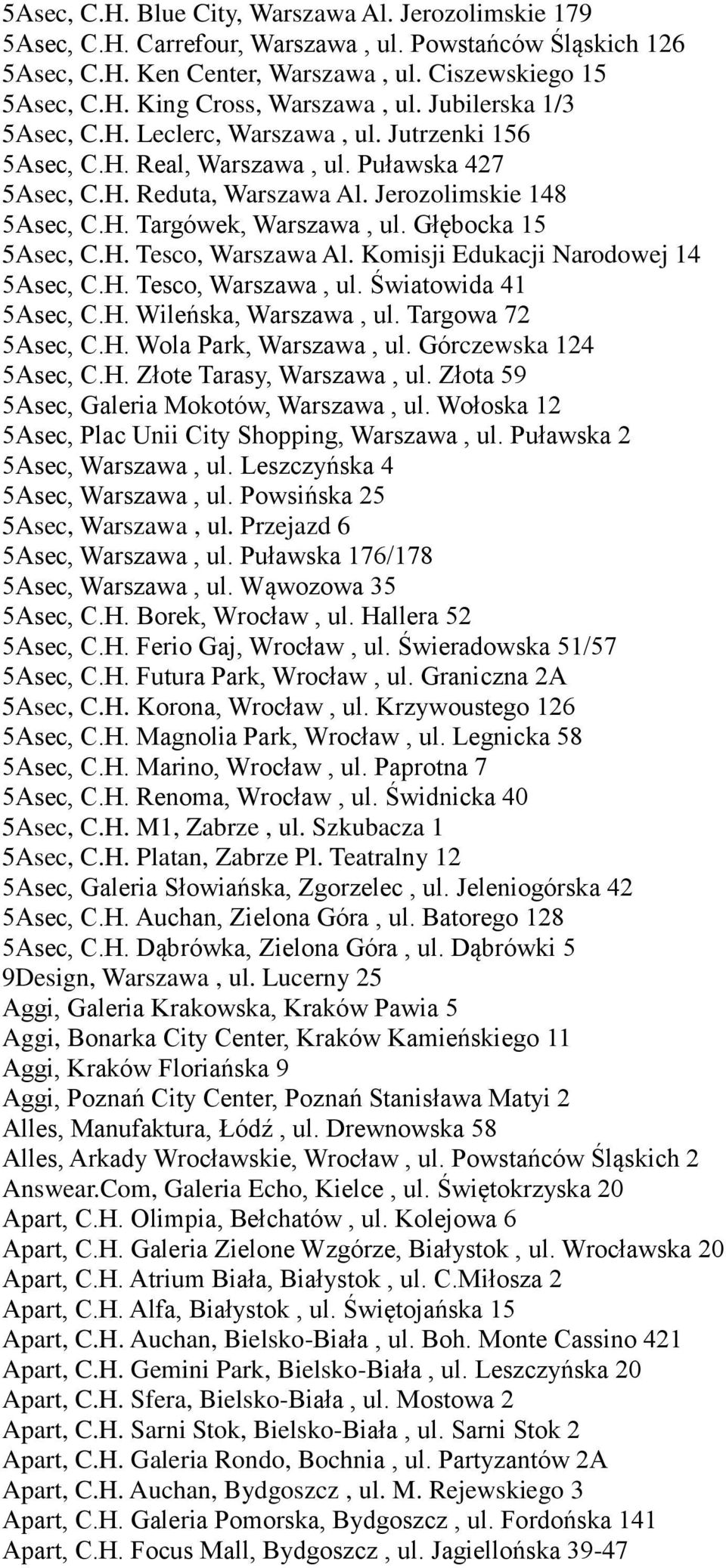 Głębocka 15 5Asec, C.H. Tesco, Warszawa Al. Komisji Edukacji Narodowej 14 5Asec, C.H. Tesco, Warszawa, ul. Światowida 41 5Asec, C.H. Wileńska, Warszawa, ul. Targowa 72 5Asec, C.H. Wola Park, Warszawa, ul.