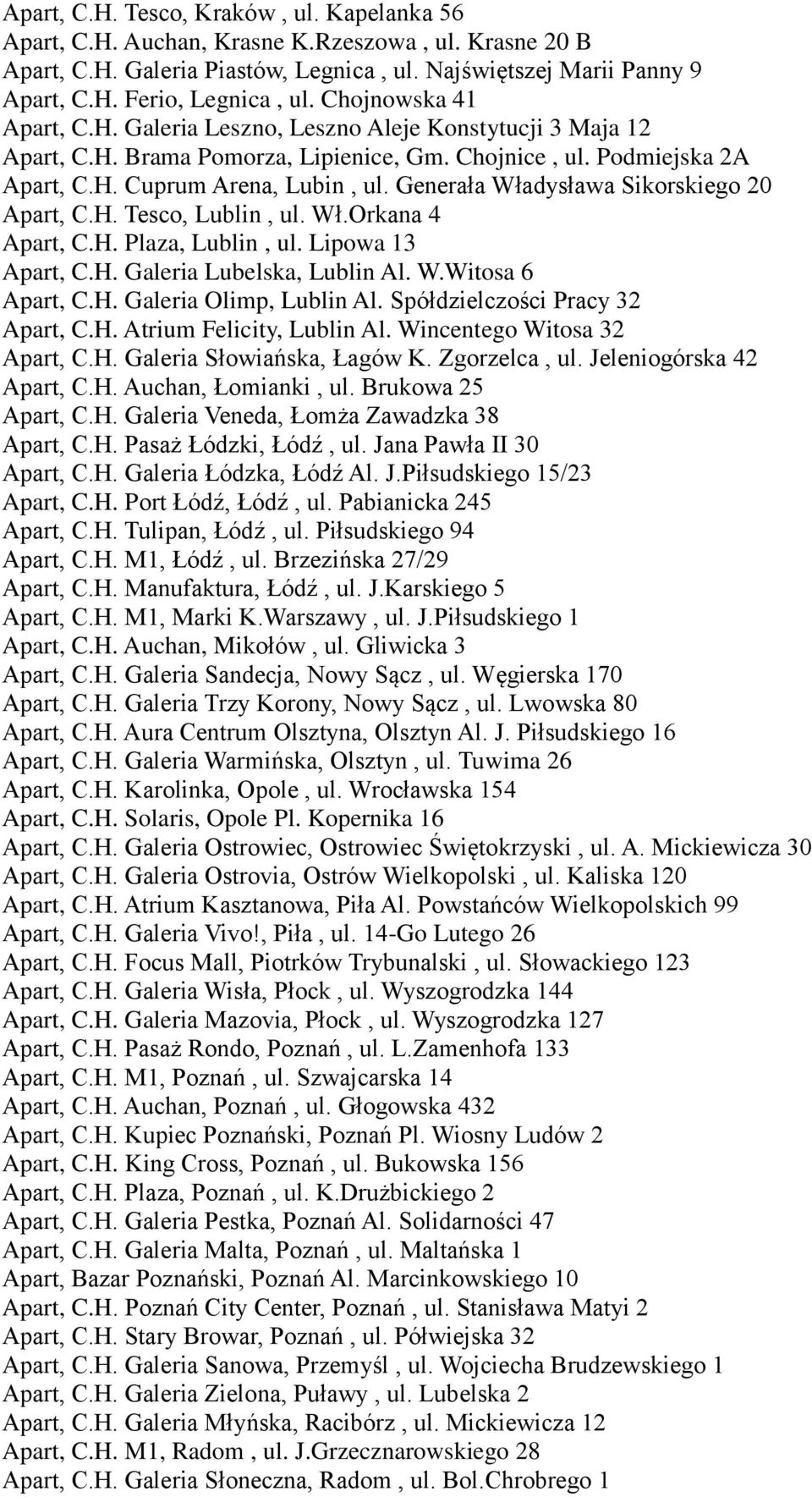 Generała Władysława Sikorskiego 20 Apart, C.H. Tesco, Lublin, ul. Wł.Orkana 4 Apart, C.H. Plaza, Lublin, ul. Lipowa 13 Apart, C.H. Galeria Lubelska, Lublin Al. W.Witosa 6 Apart, C.H. Galeria Olimp, Lublin Al.