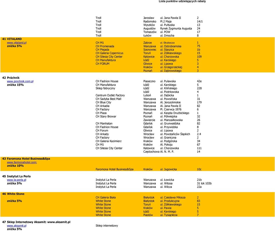 Chorzowska 109 CH Manufaktura Łódź ul. Karskiego 5 CH FORUM Gliwice ul. Lipowa 3 Kraków ul. Grzegorzeckiej 4 Poznań ul. Dąbrowskiego 3 42 Próchnik www.prochnik.com.pl CH Fashion House Piaseczno ul.