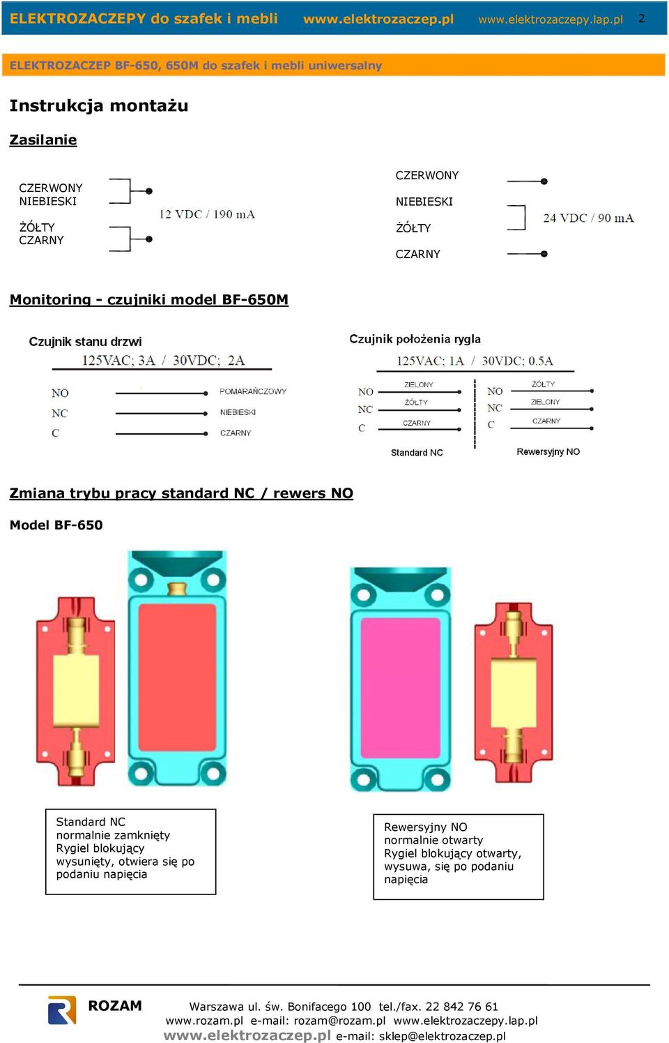 czujniki model BF-650M Zmiana trybu pracy standard NC / rewers NO Model BF-650 Standard NC normalnie zamknięty