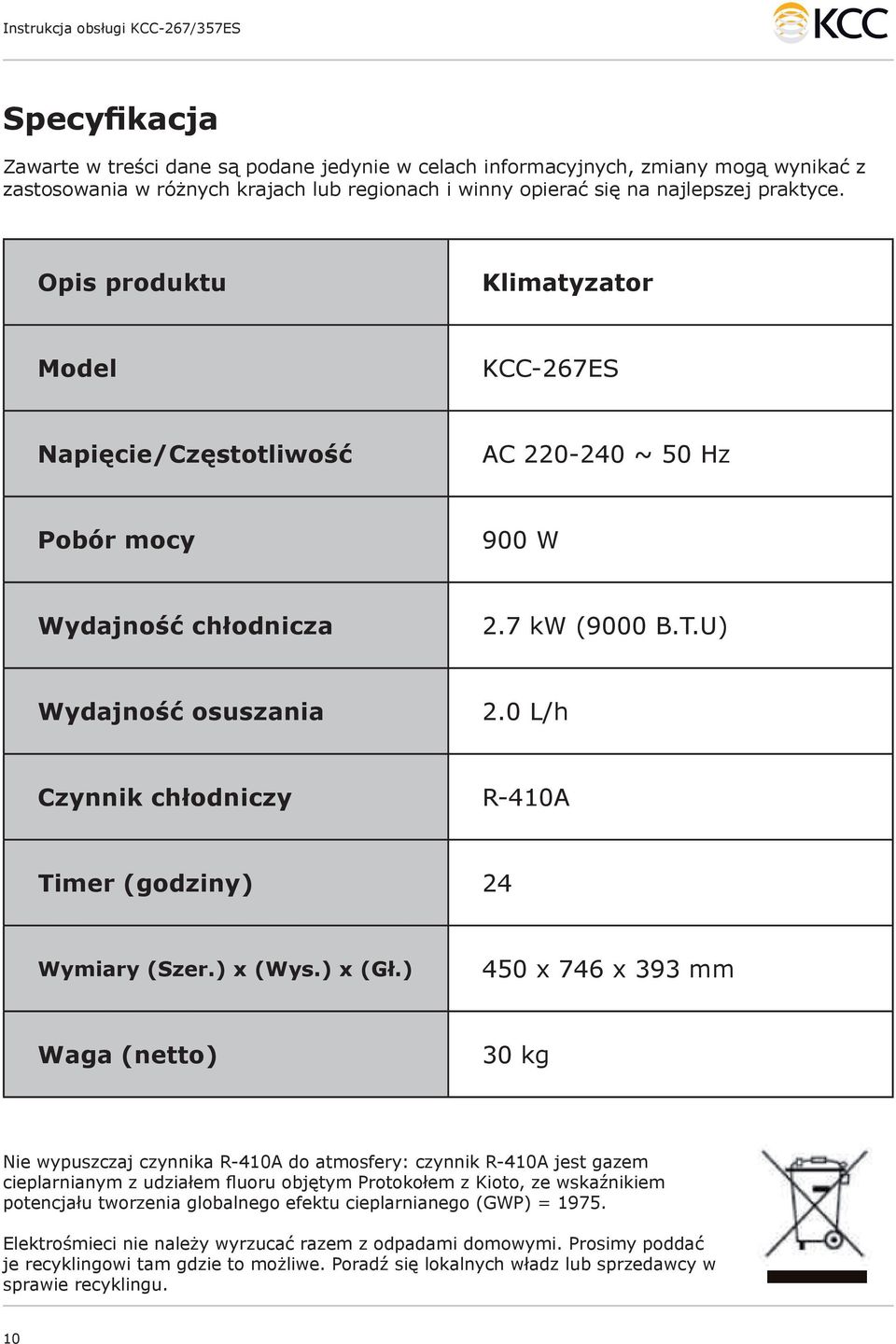 0 L/h Czynnik chłodniczy R-410A Timer (godziny) 24 Wymiary (Szer.) x (Wys.) x (Gł.