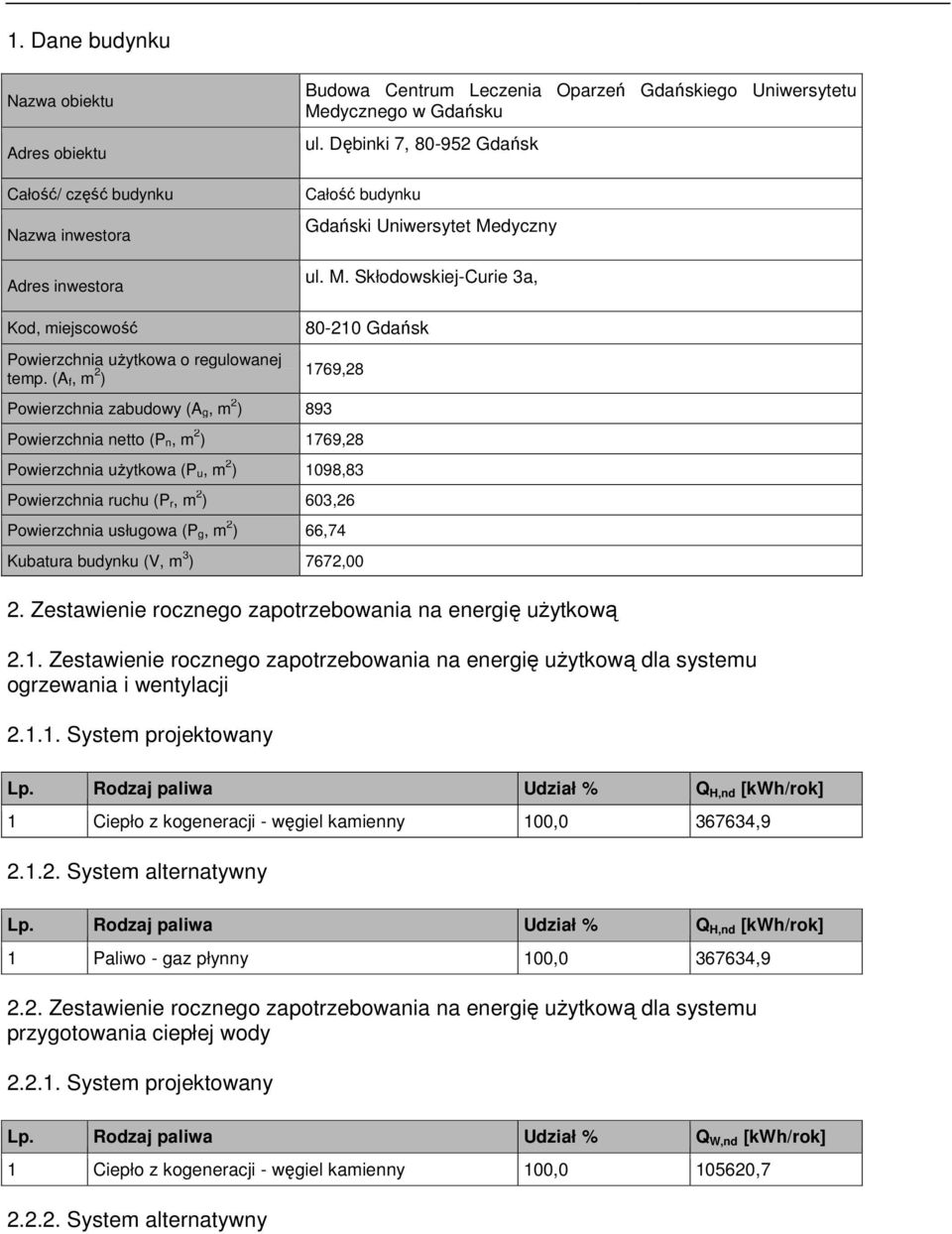 (A f, m 2 ) Powierzchnia zabudowy (A g, m 2 ) 893 80-210 Gdańsk 1769,28 Powierzchnia netto (P n, m 2 ) 1769,28 Powierzchnia użytkowa (P u, m 2 ) 1098,83 Powierzchnia ruchu (P r, m 2 ) 603,26