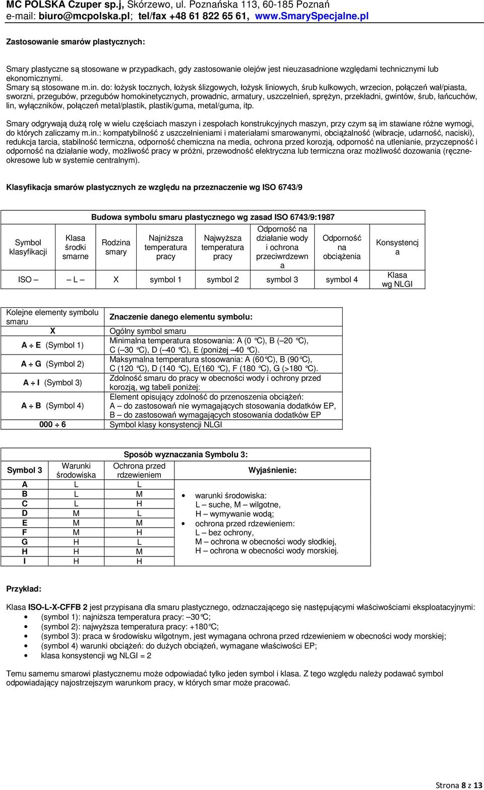 przekładni, gwintów, śrub, łańcuchów, lin, wyłączników, połączeń metal/plastik, plastik/guma, metal/guma, itp.