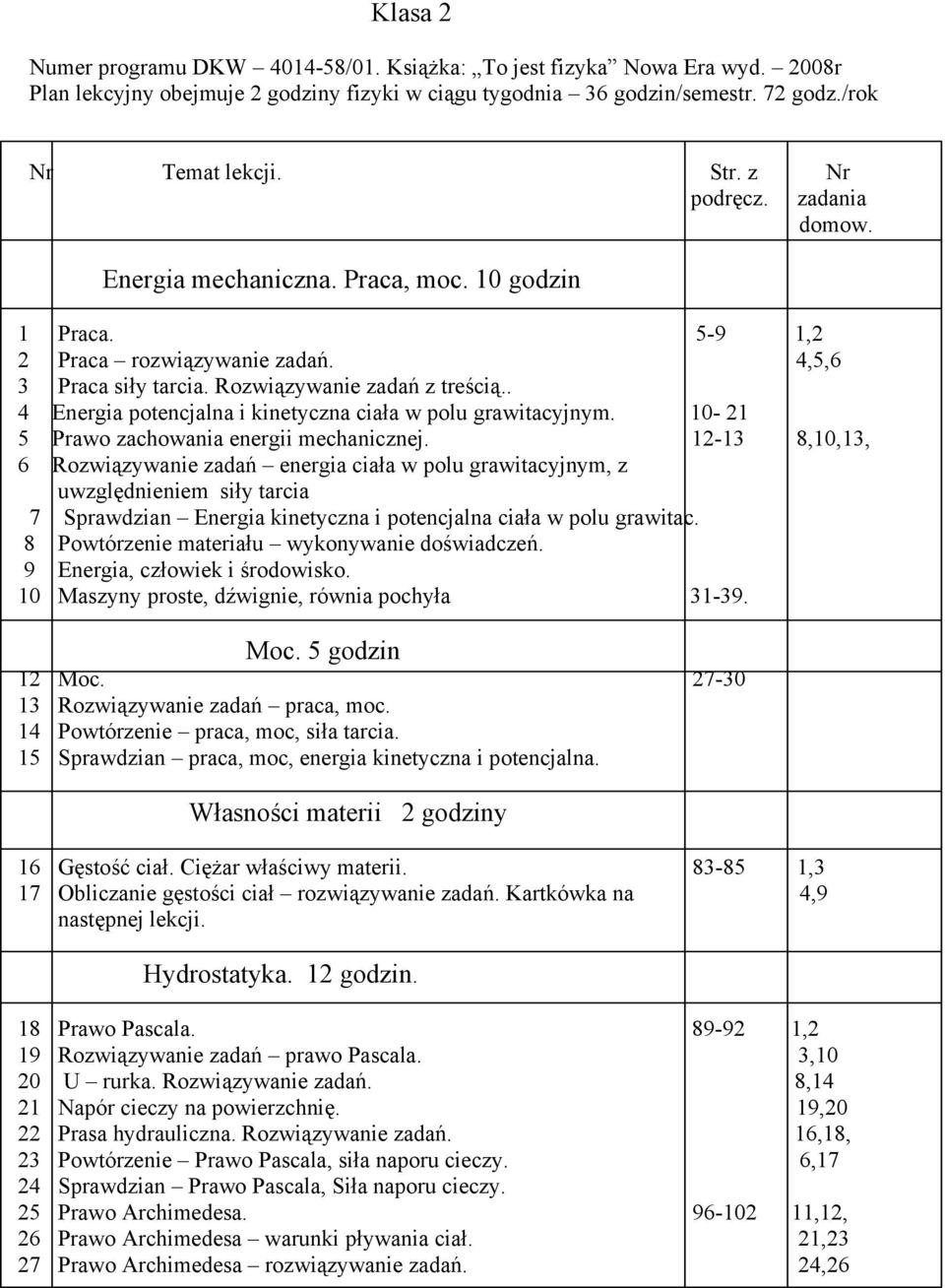 . 4 Energia potencjalna i kinetyczna ciała w polu grawitacyjnym. 10-21 5 Prawo zachowania energii mechanicznej.