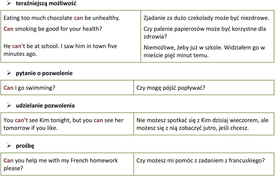 pytanie o pozwolenie Can I go swimming? Czy mogę pójść popływać? udzielanie pozwolenia You can't see Kim tonight, but you can see her tomorrow if you like.