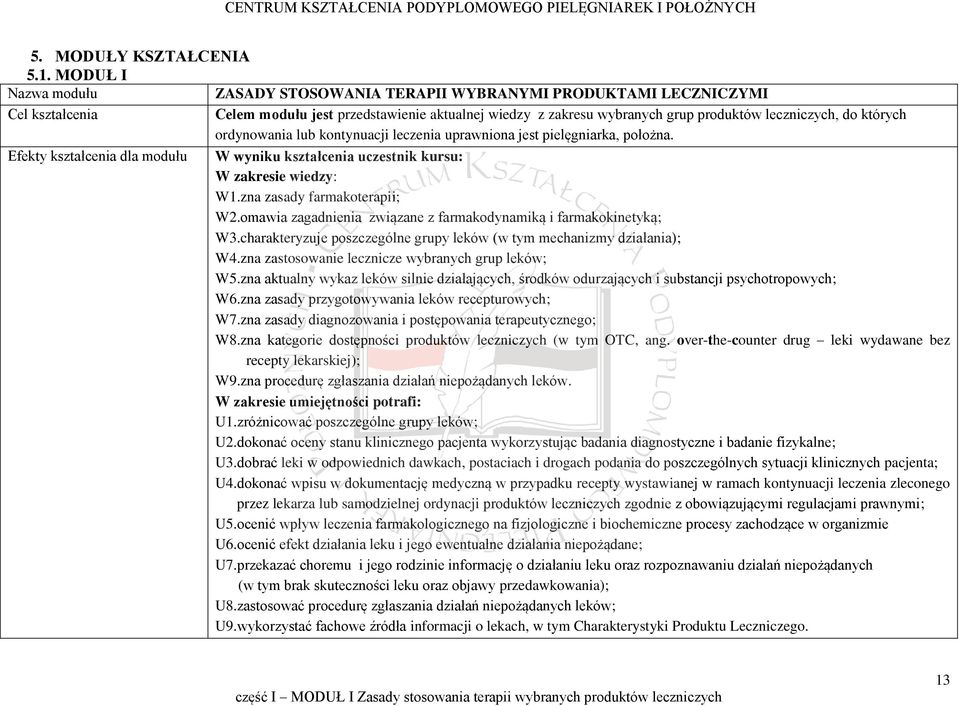 których ordynowania lub kontynuacji leczenia uprawniona jest pielęgniarka, położna. Efekty kształcenia dla modułu W wyniku kształcenia uczestnik kursu: W zakresie wiedzy: W1.