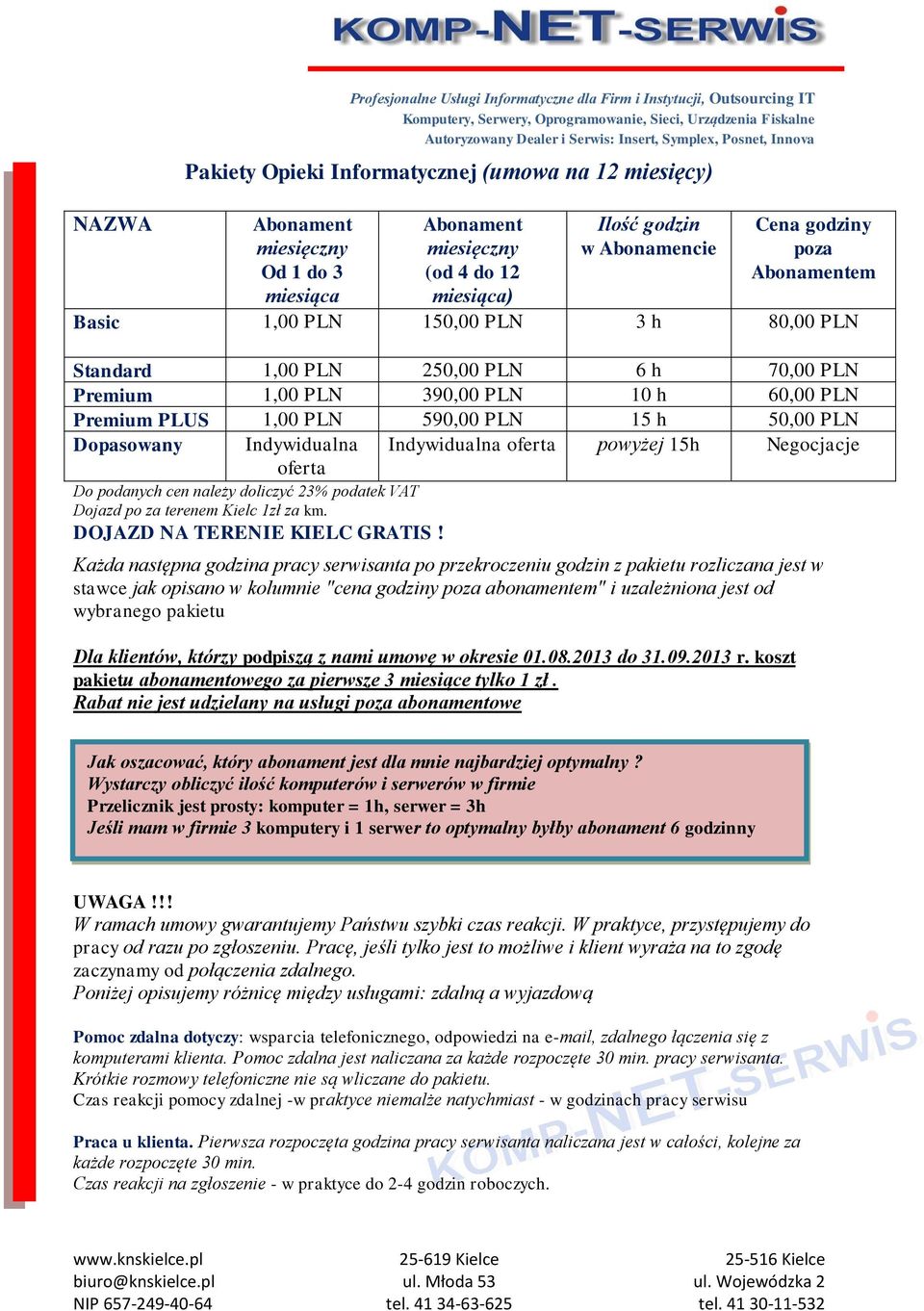 Premium PLUS 1,00 PLN 590,00 PLN 15 h 50,00 PLN Dopasowany Indywidualna Indywidualna oferta powyżej 15h Negocjacje oferta Do podanych cen należy doliczyć 23% podatek VAT Dojazd po za terenem Kielc