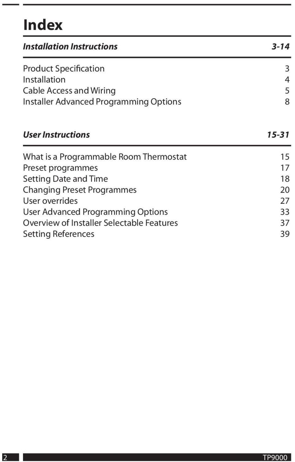 15 Preset programmes 17 Setting Date and Time 18 Changing Preset Programmes 20 User overrides 27 User