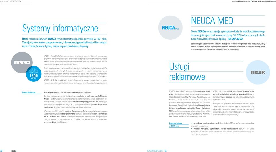 NEUCA MED Grupa NEUCA wciąż rozwija synergiczne działania wokół podstawowego biznesu, jakim jest hurt farmaceutyczny. W 2013 roku w naszych strukturach powołaliśmy nową spółkę NEUCA MED.