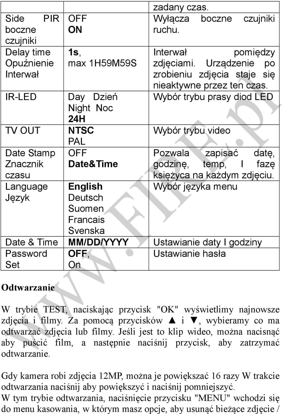 Wybór trybu prasy diod LED Wybór trybu video Pozwala zapisać datę, godzinę, temp, I fazę księżyca na każdym zdjęciu.