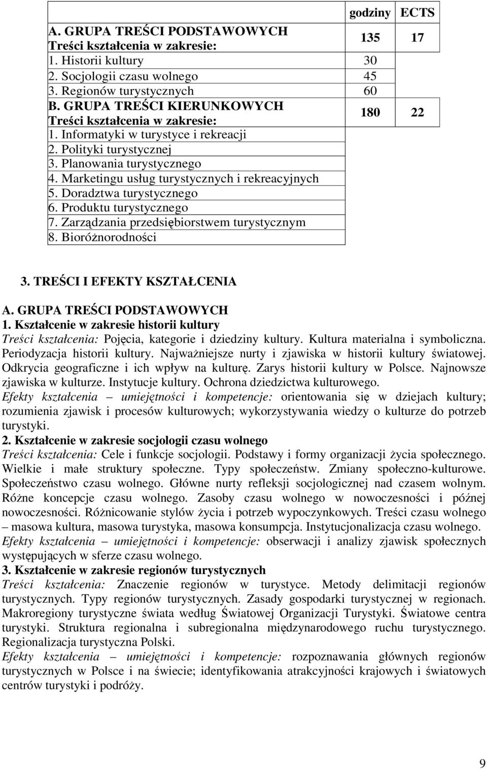 Marketingu usług turystycznych i rekreacyjnych 5. Doradztwa turystycznego 6. Produktu turystycznego 7. Zarzdzania przedsibiorstwem turystycznym 8. Biorónorodnoci 3. TRECI I EFEKTY KSZTAŁCENIA A.