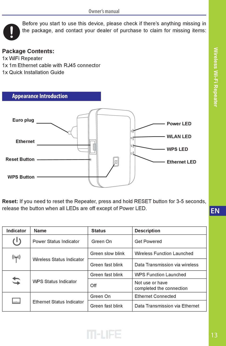 WPS Button Reset: If you need to reset the Repeater, press and hold RESET button for 3-5 seconds, release the button when all LEDs are off except of Power LED.