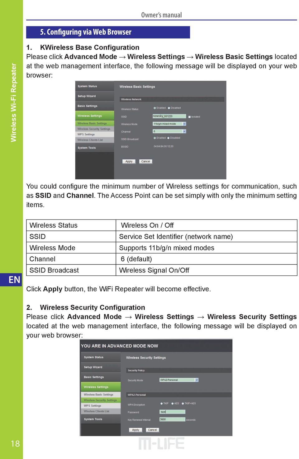 You could configure the minimum number of Wireless settings for communication, such as SSID and Channel. The Access Point can be set simply with only the minimum setting items.