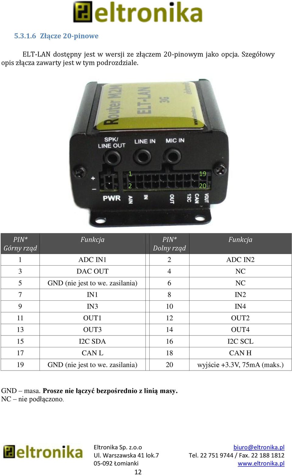 1 19 2 20 PIN* Górny rząd Funkcja PIN* Dolny rząd Funkcja 1 ADC IN1 2 ADC IN2 3 DAC OUT 4 NC 5 GND (nie jest to we.