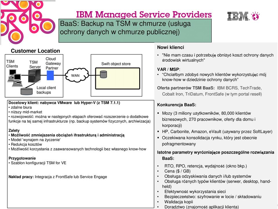 TSM BaaS: IBM BCRS, TechTrade, Cobalt Iron, TriDatum, FrontSafe (w tym portal resell) Docelowy klient: nabywca VMware lub Hyper-V (z TSM 7.1.