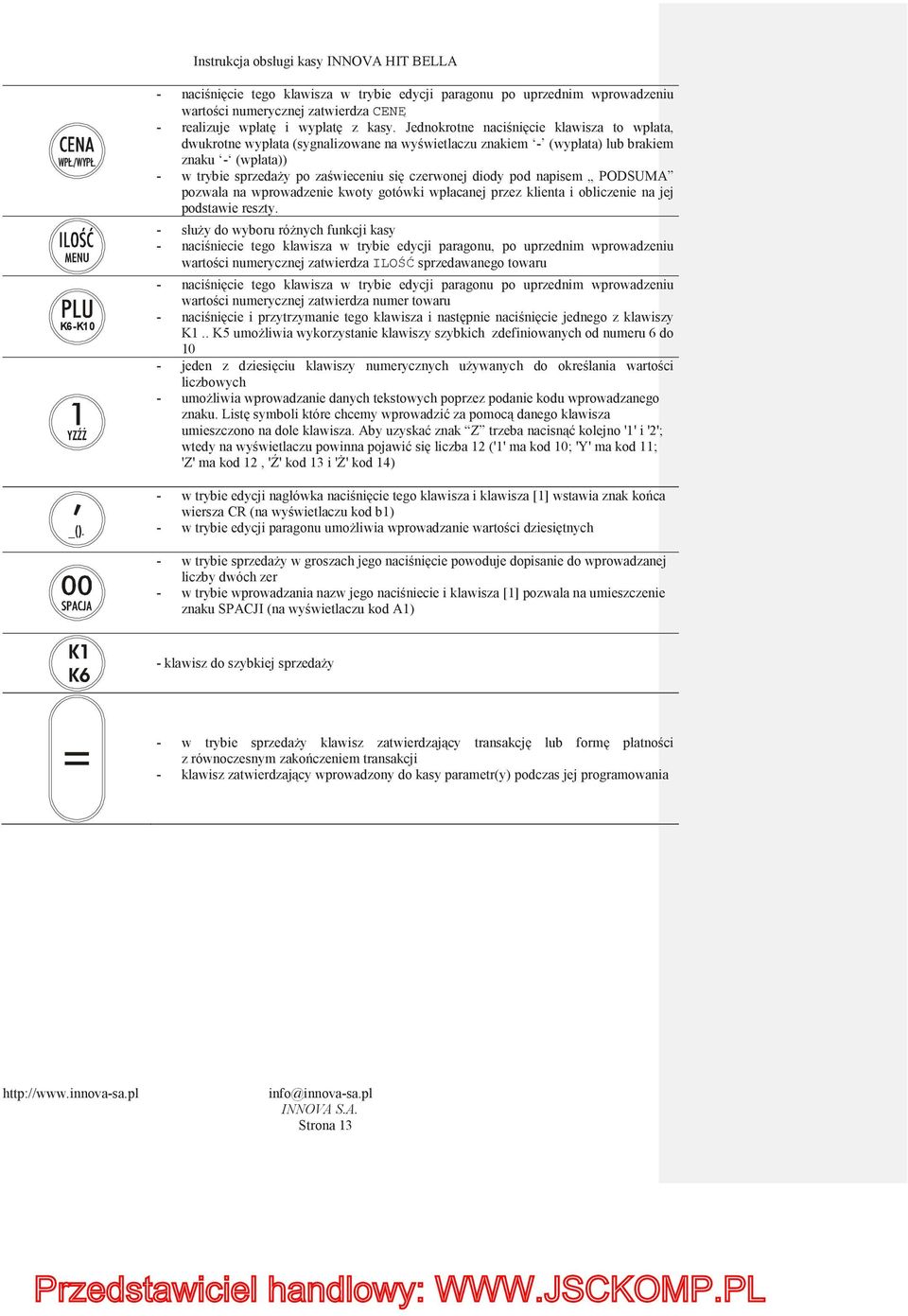 pod napisem PODSUMA pozwala na wprowadzenie kwoty gotówki wpłacanej przez klienta i obliczenie na jej podstawie reszty.