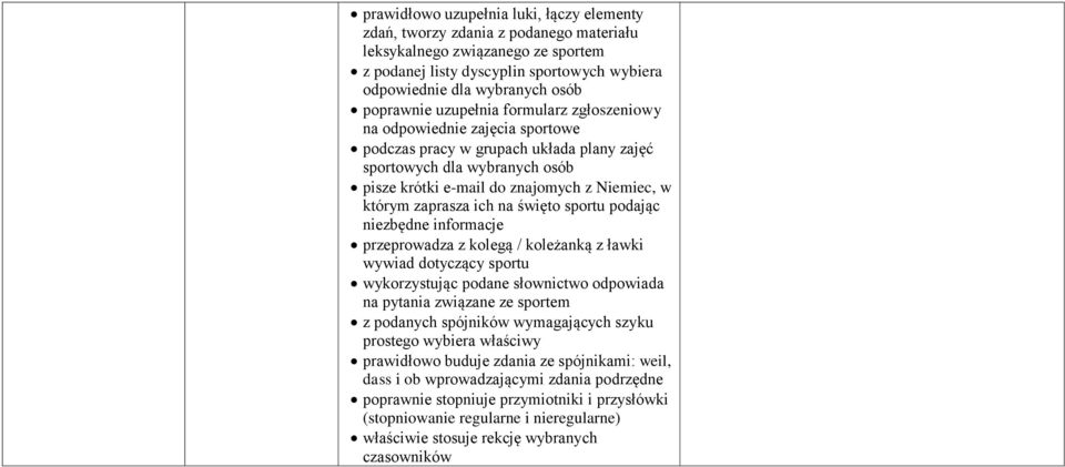 którym zaprasza ich na święto sportu podając niezbędne informacje przeprowadza z kolegą / koleżanką z ławki wywiad dotyczący sportu wykorzystując podane słownictwo odpowiada na pytania związane ze