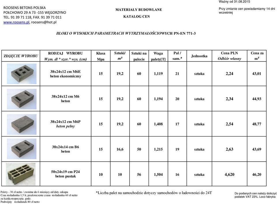 * Odbiór własny m² 38x24x12 cm M6E beton ekonomiczny 15 19,2 60 1,119 21 sztuka 2,24 43,01 38x24x12 cm M6 beton