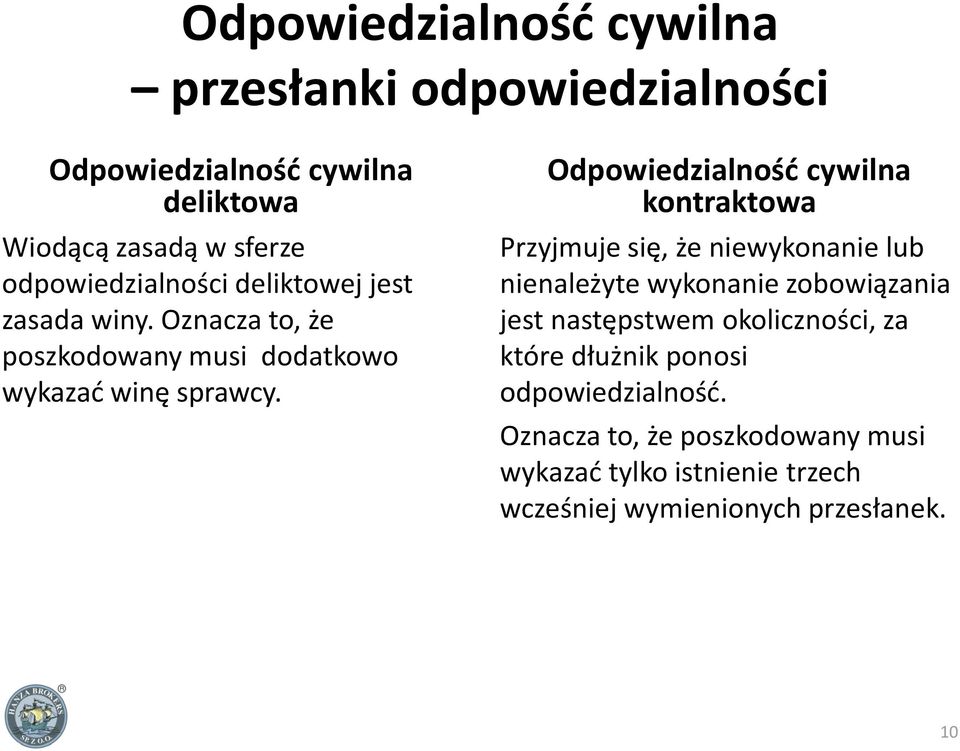 Odpowiedzialnośd cywilna kontraktowa Przyjmuje się, że niewykonanie lub nienależyte wykonanie zobowiązania jest następstwem