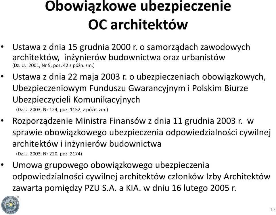 1152, z późn. zm.) Rozporządzenie Ministra Finansów z dnia 11 grudnia 2003 r. w sprawie obowiązkowego ubezpieczenia odpowiedzialności cywilnej architektów i inżynierów budownictwa (Dz.U.