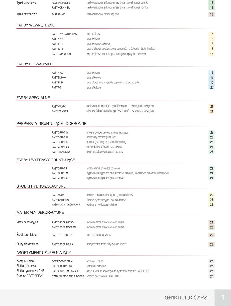 podwyższonej odporności na ścieranie i działanie wilgoci 18 FAST SATYNA BIO farba lateksowa mikrobiologicznie aktywna o połysku satynowym 18 FARBY ELEWACYJNE FAST F-AZ FAST SILIKON FAST SI-SI FAST