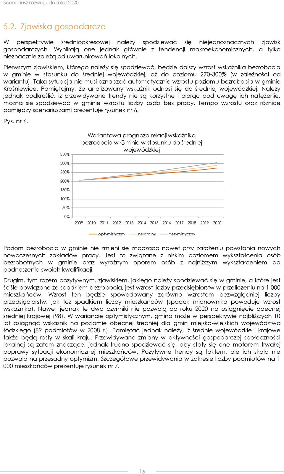 Pierwszym zjawiskiem, którego należy się spodziewać, będzie dalszy wzrost wskaźnika bezrobocia w gminie w stosunku do średniej wojewódzkiej, aż do poziomu 270-300% (w zależności od wariantu).