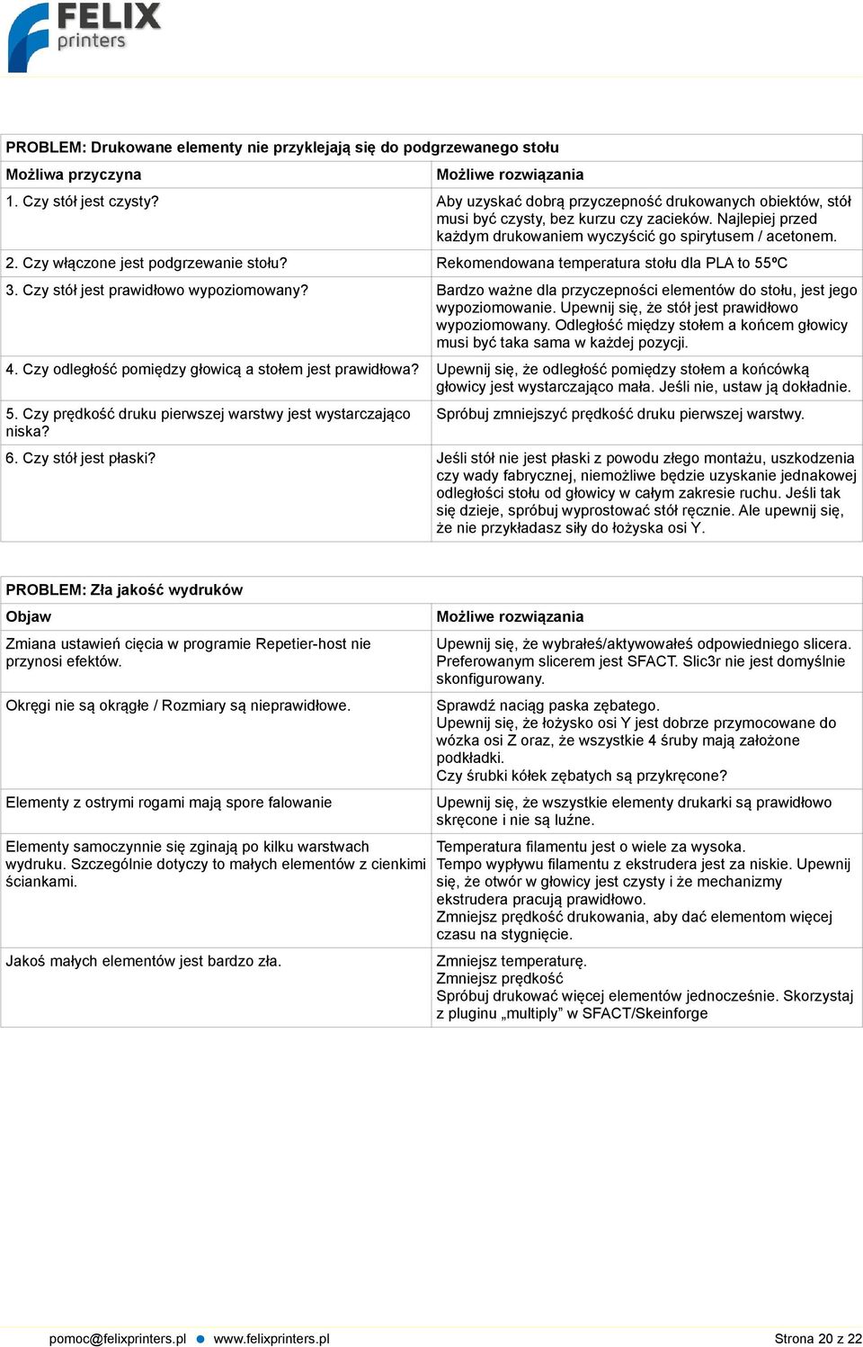 Czy włączone jest podgrzewanie stołu? Rekomendowana temperatura stołu dla PLA to 55ºC 3. Czy stół jest prawidłowo wypoziomowany?