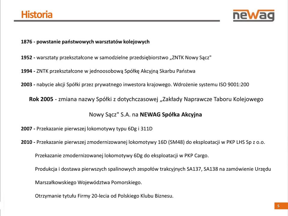 Wdrożenie systemu ISO 9001:200 Rok 2005 - zmiana nazwy Spółki z dotychczasowej Zakłady Naprawcze Taboru Kolejowego Nowy Sącz" S.A.