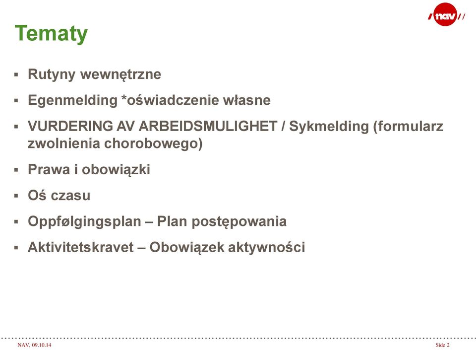 chorobowego) Prawa i obowiązki Oś czasu Oppfølgingsplan Plan