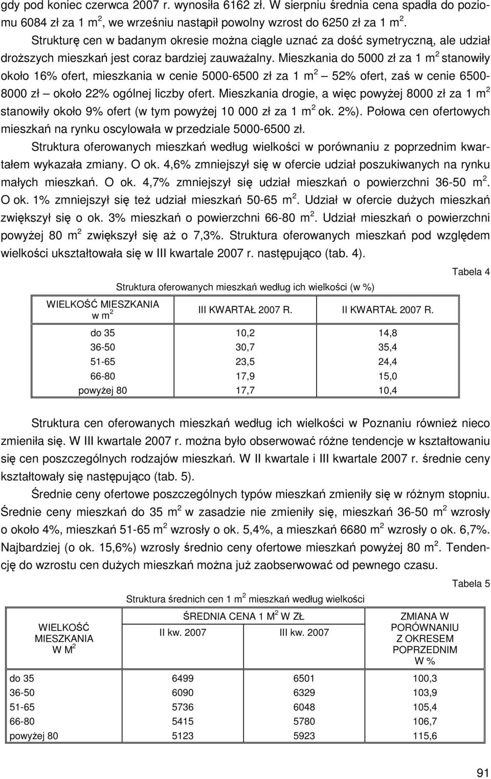 Mieszkania do 5000 zł za 1 m 2 stanowiły około 16% ofert, mieszkania w cenie 5000-6500 zł za 1 m 2 52% ofert, zaś w cenie 6500-8000 zł około 22% ogólnej liczby ofert.