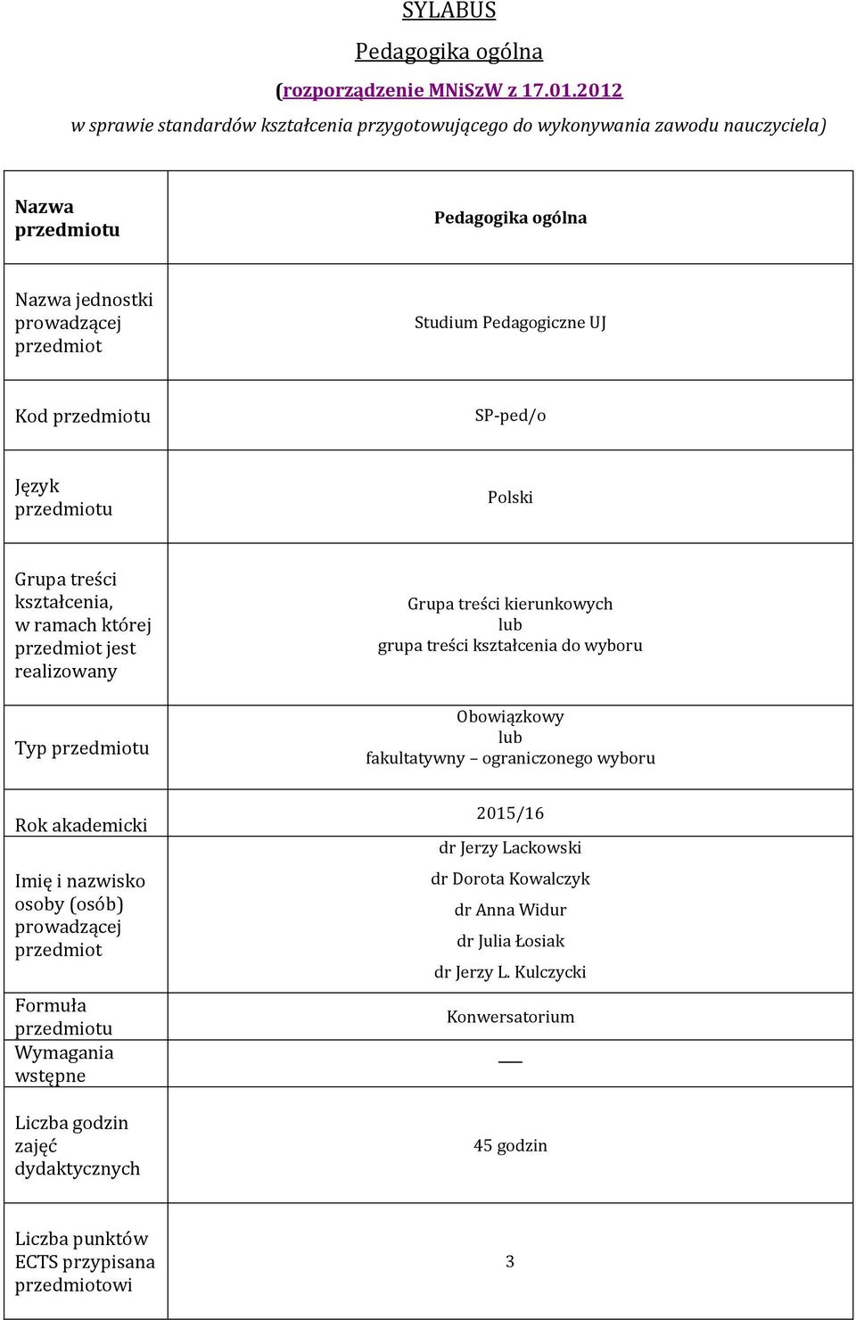 SP-ped/o Język Polski Grupa treści kształcenia, w ramach której przedmiot jest realizowany Typ Grupa treści kierunkowych lub grupa treści kształcenia do wyboru Obowiązkowy lub