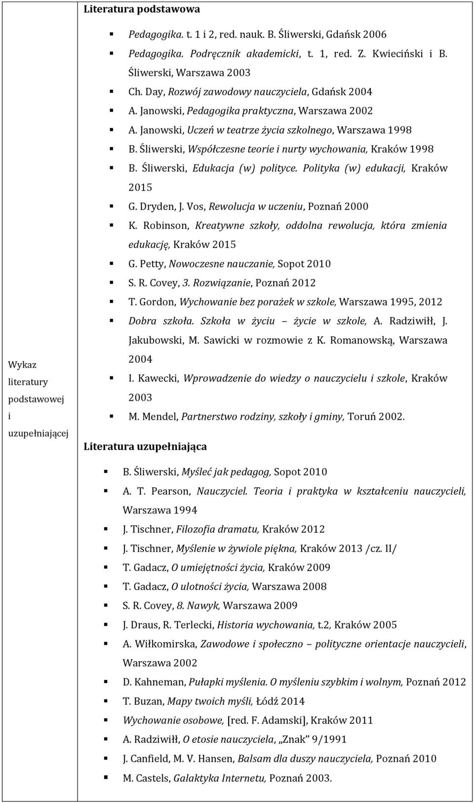 Śliwerski, Współczesne teorie i nurty wychowania, Kraków 1998 B. Śliwerski, Edukacja (w) polityce. Polityka (w) edukacji, Kraków 2015 G. Dryden, J. Vos, Rewolucja w uczeniu, Poznań 2000 K.