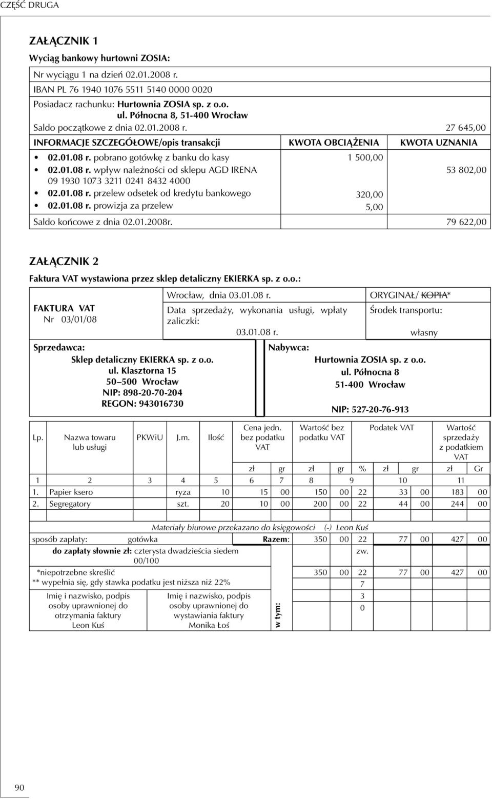 01.08 r. przelew odsetek od kredytu bankowego 02.01.08 r. prowizja za przelew 1 500,00 320,00 5,00 53 802,00 Saldo końcowe z dnia 02.01.2008r.