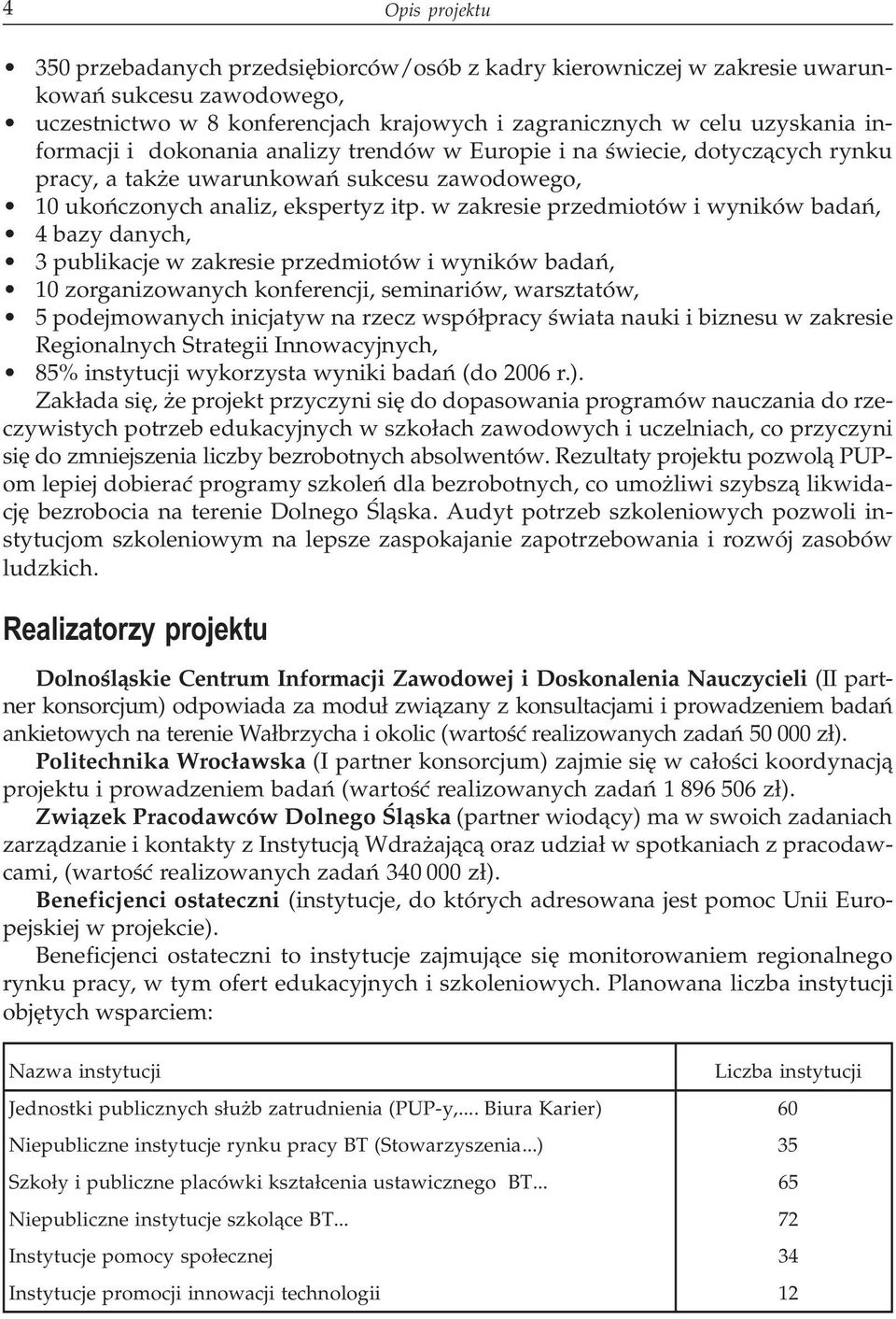 w zakresie przedmiotów i wyników badañ, 4 bazy danych, 3 publikacje w zakresie przedmiotów i wyników badañ, 10 zorganizowanych konferencji, seminariów, warsztatów, 5 podejmowanych inicjatyw na rzecz