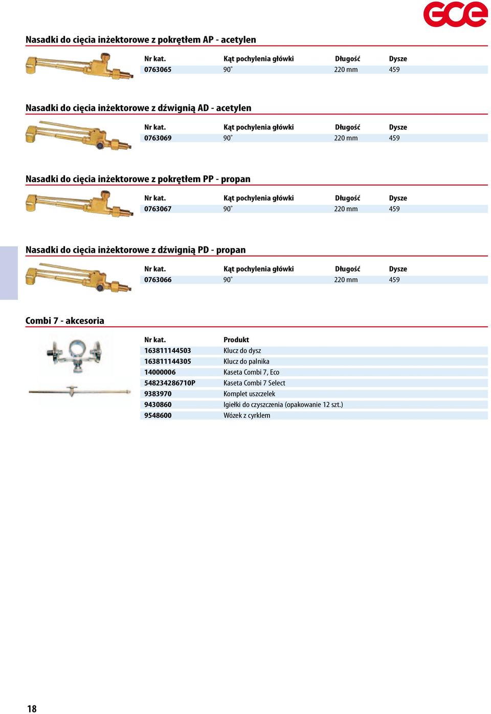 do cięcia inżektorowe z dźwignią PD - propan Kąt pochylenia główki Długość Dysze 0763066 90 220 mm 459 Combi 7 - akcesoria Produkt 163811144503 Klucz do dysz 163811144305