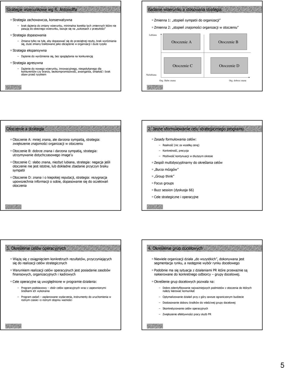 wizerunku a stosowana strategia Zmienna 1: stopień sympatii do organizacji Zmienna 2: stopień znajomości organizacji w otoczeniu Strategia dopasowania Lubiana Zmiana tylko na tyle, aby dopasować się