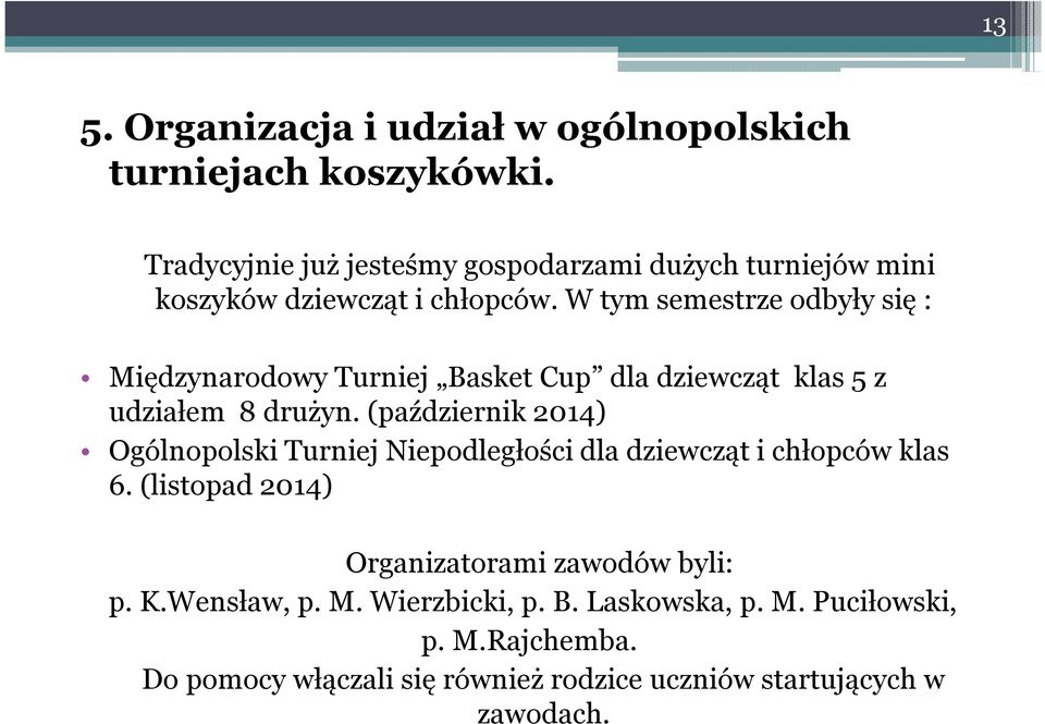 W tym semestrze odbyły się : Międzynarodowy Turniej Basket Cup dla dziewcząt klas 5 z udziałem 8 drużyn.