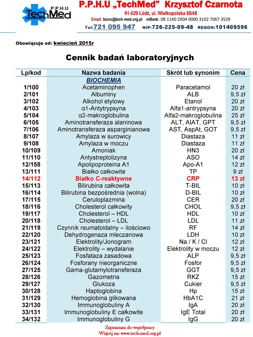 BIOCHEMIA 1/100 Acetaminophen Paracetamol 2/101 Albuminy ALB 9,5 zł 3/102 Alkohol etylowy Etanol 4/103 α1-antytrypsyna Alfa1-antrypsyna 5/104 α2-makroglobulina Alfa2-makroglobulina 6/105