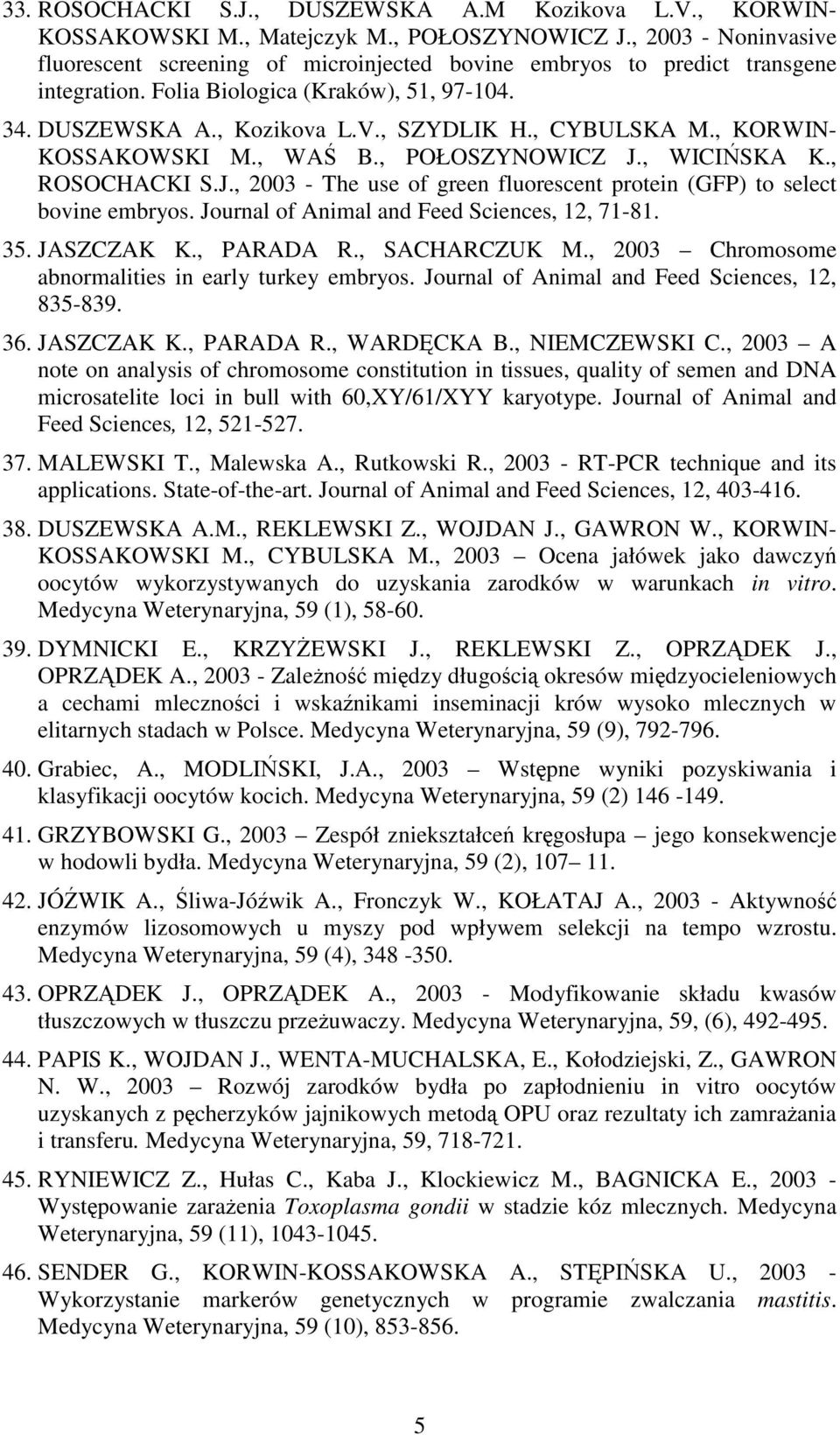 , CYBULSKA M., KORWIN- KOSSAKOWSKI M., WAŚ B., POŁOSZYNOWICZ J., WICIŃSKA K., ROSOCHACKI S.J., 2003 - The use of green fluorescent protein (GFP) to select bovine embryos.