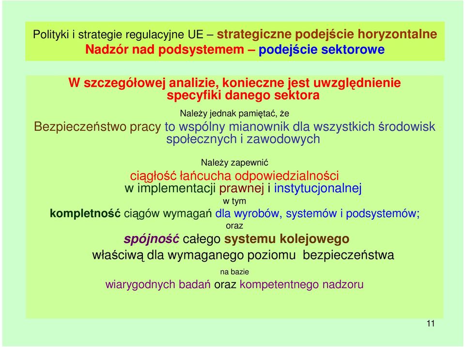 zawodowych NaleŜy zapewnić ciągłość łańcucha odpowiedzialności w implementacji prawnej i instytucjonalnej w tym kompletność ciągów wymagań dla wyrobów,